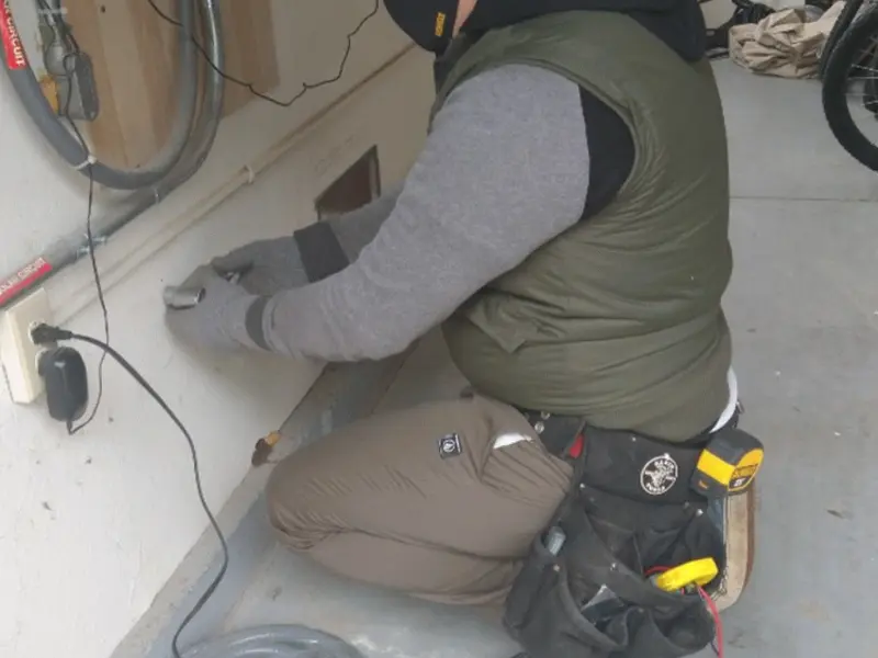 Electrician performing outlet wiring in a Fairfield garage